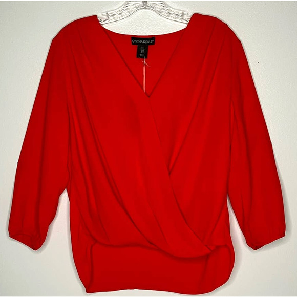 Cynthia Rowley New York blouse top true red long sleeve V-neck high low NWT - Picture 7 of 7